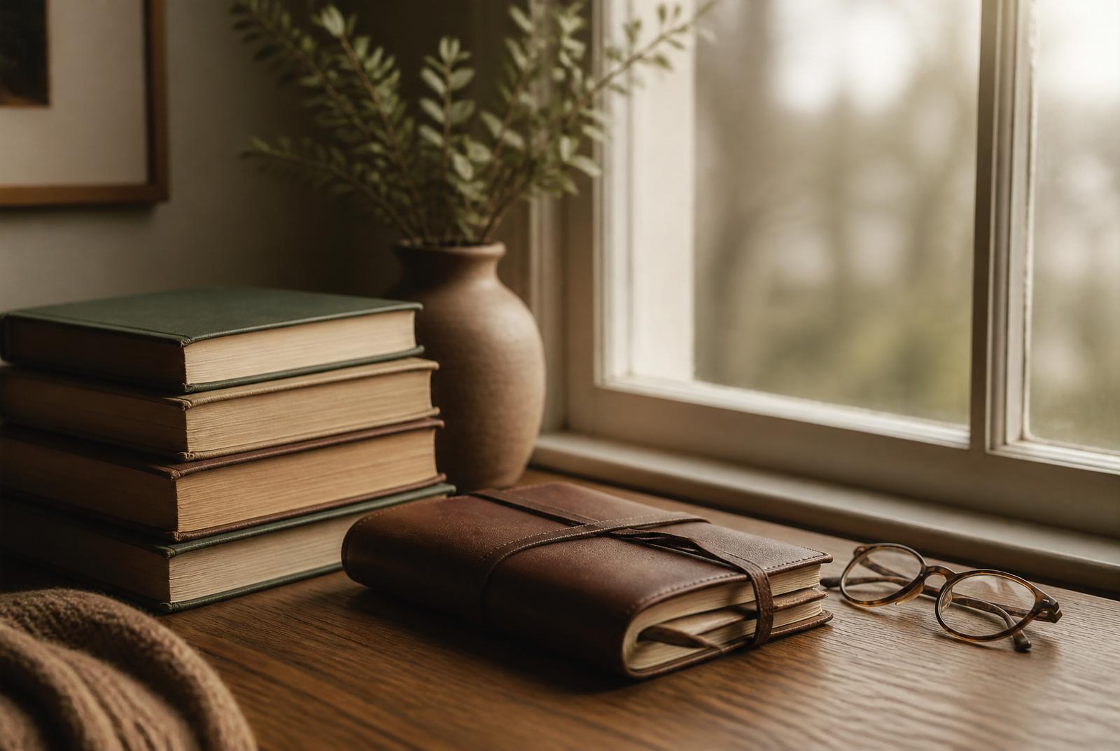Open notebook and a pen at a warm kitchen table