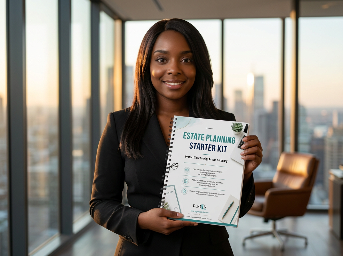 Sheree Rogan holding the Rogan Agencies Estate Planning Starter Kit in her office