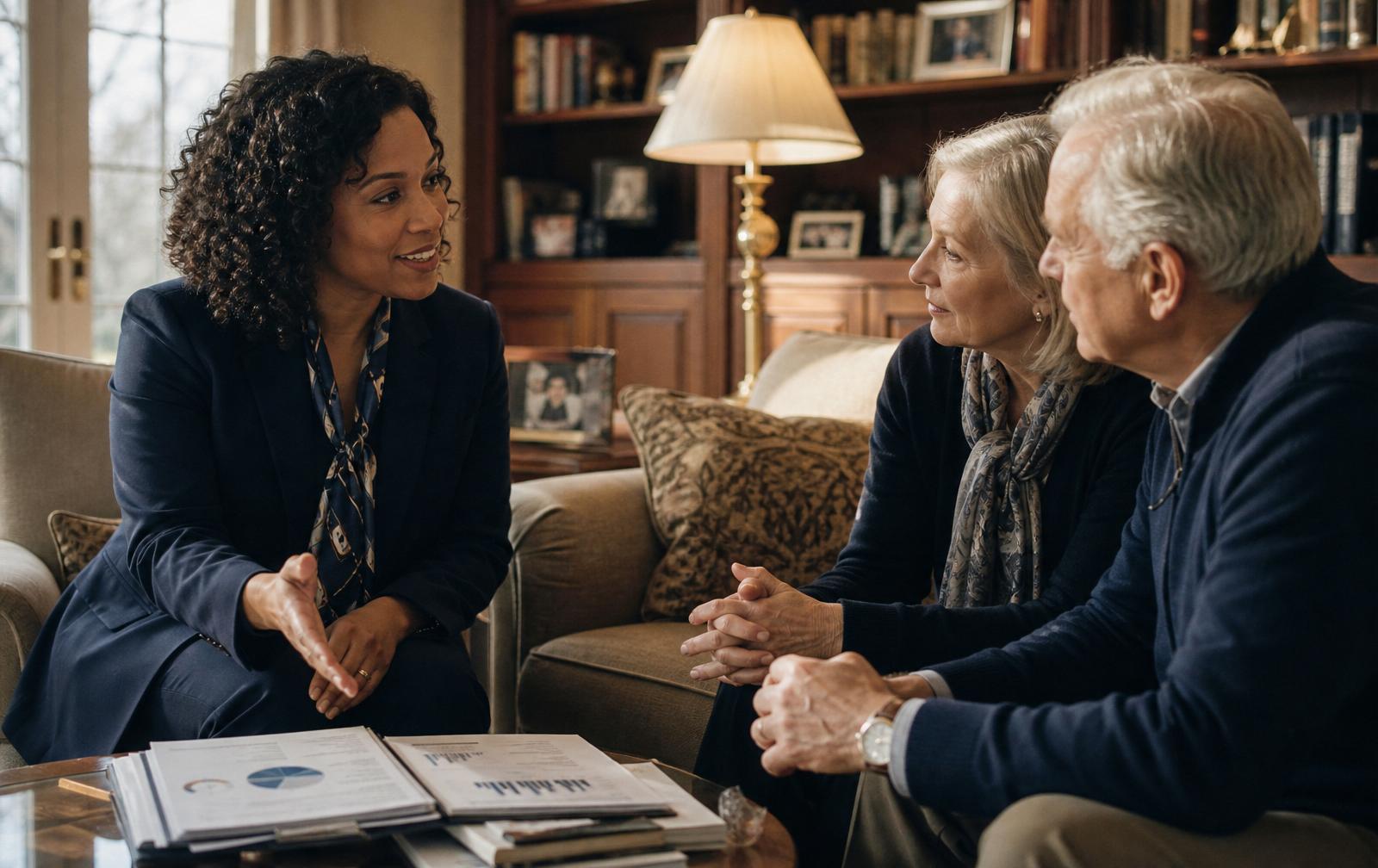 Sheree Rogan meeting with a retired couple in a warm study