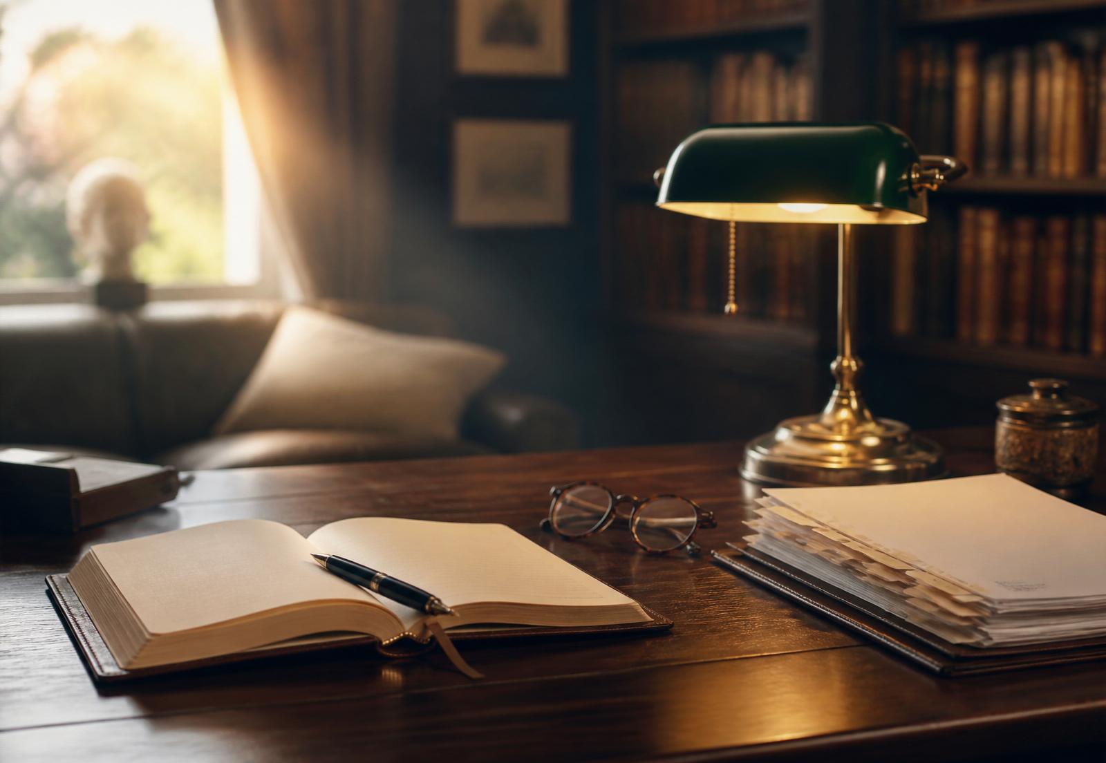 An open notebook and reading glasses on a warm walnut desk